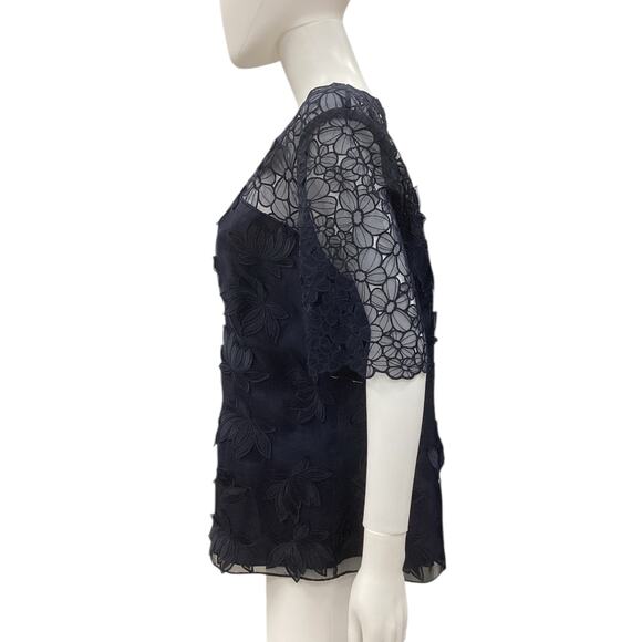 Escada Top Women’s SZ L Silk Lace Embroidery Back Zipper Short Sleeve Navy Color - Picture 2 of 4